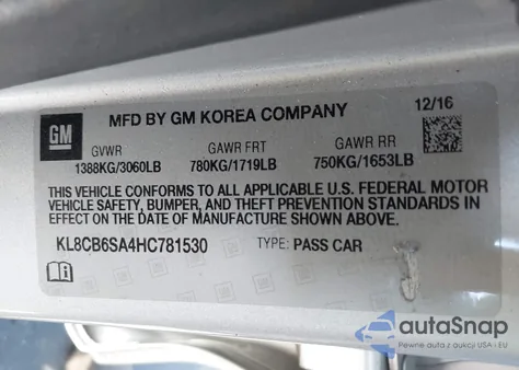 2017 Chevrolet Spark Ls Cvt z USA, uszkodzony, nr VIN KL8CB6SA4HC781530